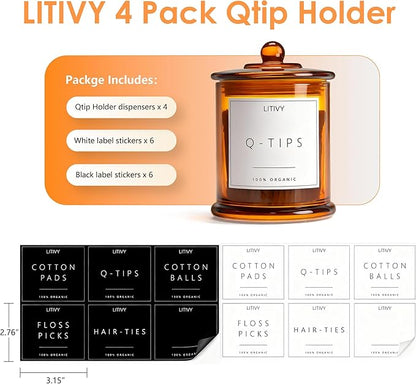 LITIVY 4 Pack Bathroom Organizers and Storage - 16 Oz Glass Qtip Holder & Cotton Pad Dispenser with Lid, Apothecary Jars for Home, Room Decor, Kitchen Organizer (Amber)