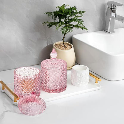 2 Pack Qtip Holder Thick Glass Apothecary Jars with Lid for Bathroom Decor Storage Organizer for Cotton Swabs, Balls, Pads, Floss Picks, Candy, Jewelry, Pink