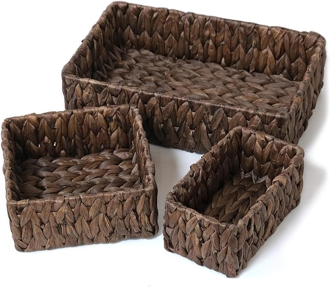 Wicker Storage Baskets Set of 3, Handwoven Water Hyacinth Baskets for Organizing, Large and Small Wicker Baskets Set, Decorative Natural Woven Baskets 3Pack for Pantry Shelves, Dark Brown