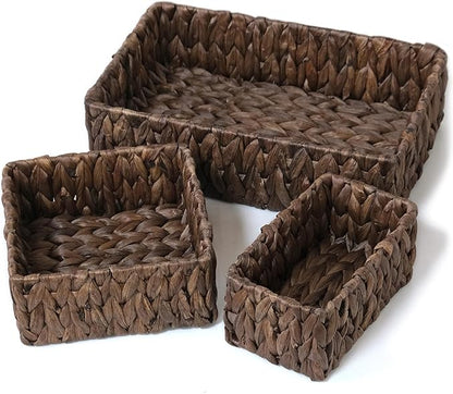 Wicker Storage Baskets Set of 3, Handwoven Water Hyacinth Baskets for Organizing, Large and Small Wicker Baskets Set, Decorative Natural Woven Baskets 3Pack for Pantry Shelves, Dark Brown