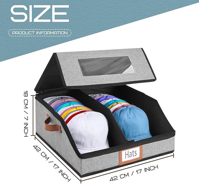 Hat Storage Box for Baseball Caps, Large Hat Organizer with Clear Window, Hat Travel Case with Removable Dividers for 30 Caps & Cowboy Hats, Stackable Dustproof Hat Organizer for Closet & Travel, Grey
