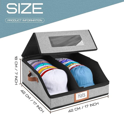Hat Storage Box for Baseball Caps, Large Hat Organizer with Clear Window, Hat Travel Case with Removable Dividers for 30 Caps & Cowboy Hats, Stackable Dustproof Hat Organizer for Closet & Travel, Grey