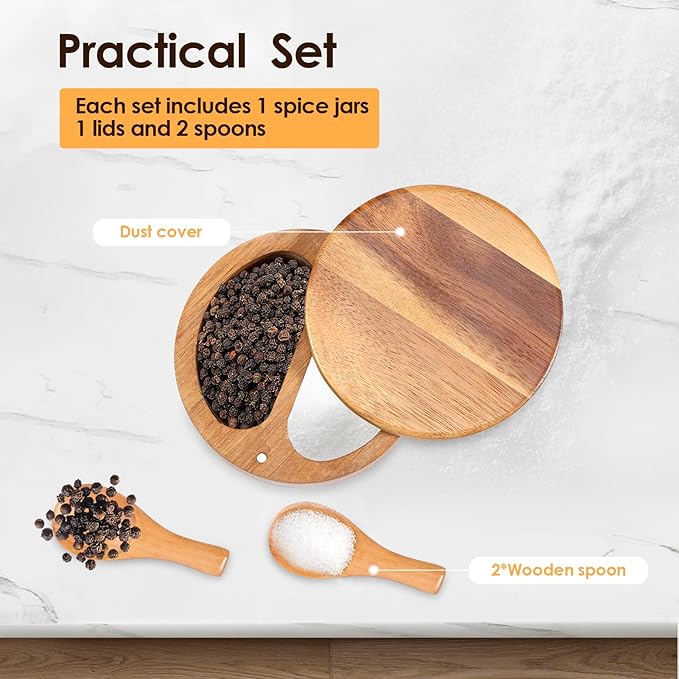 UKQRRTC Salt and Pepper Bowl Acacia Wood Salt and Pepper Box with Rotating Magnetic Lid 2 Compartments Salt and Pepper Cellar with Spoons Salt Spice Box for Salt Pepper Spice Sugar