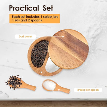 UKQRRTC Salt and Pepper Bowl Acacia Wood Salt and Pepper Box with Rotating Magnetic Lid 2 Compartments Salt and Pepper Cellar with Spoons Salt Spice Box for Salt Pepper Spice Sugar