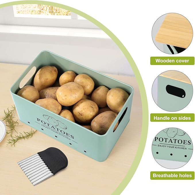 Kitchen Vegetable Storage Set of 3, Metal Onion Garlic Potato Storage Set, Kitchen Canisters Vegetable Keeper Containers with Aerating Holes and Wooden Lid (Sage Green)