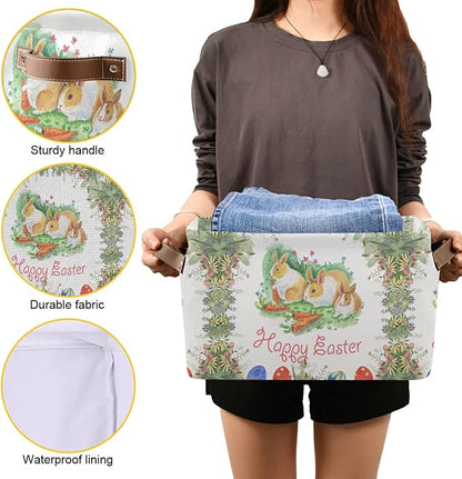 Large Storage Basket Happy Easter Bunny Rabbit Egg Floral Foldable Storage Box Organizer Bins with Handles for Bedroom Home Office