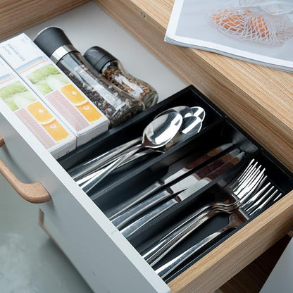Fibogollo Silverware Organizer Bamboo Kitchen Drawer Organizer, Flatware Organizer Tray for Kitchen, Flatware, Utensils（Black）