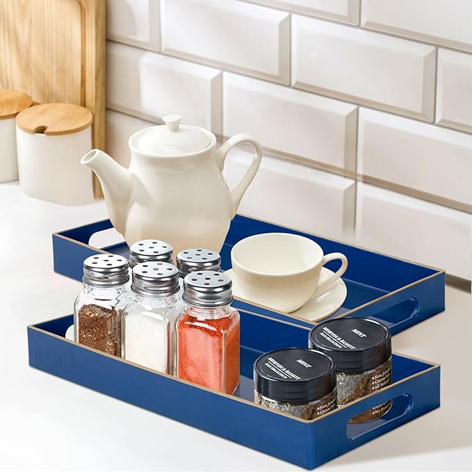 MAONAME Royal Blue Vanity Tray Set of 2, Plastic Decorative Tray with Handles, Long Narrow Trays, Rectangular Bathroom Trays for Toilet Tank, 13.8" X 6" X 1.57"