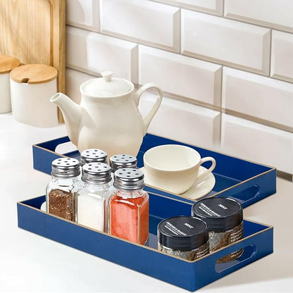MAONAME Royal Blue Vanity Tray Set of 2, Plastic Decorative Tray with Handles, Long Narrow Trays, Rectangular Bathroom Trays for Toilet Tank, 13.8" X 6" X 1.57"