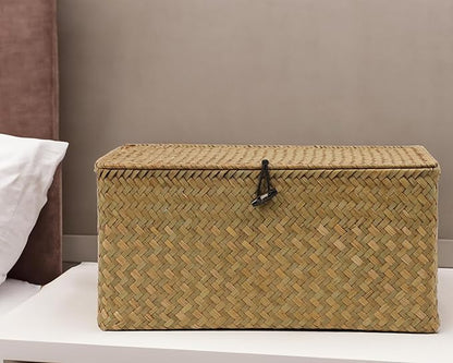 Wicker Basket with Lid, Natural Seagrass Storage Baskets for Organizing, Woven Basket for Storage, Decorative Boxes Bins with Lids Home Organizer Decor (Natural, 14.3" x 9.4" x 6.9")