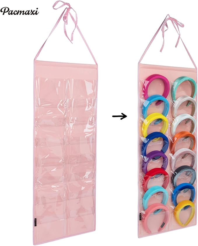 Hanging Padded Headbands Storage Organizer for Women Lady, Girl Wide Knotted Headband Holder with 16 Clear Pockets, Fashion Turban Velvet Hair Head band Hoop Display Stand. (16 slot,felt,pink)