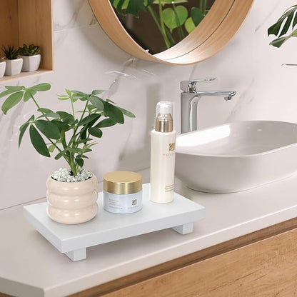 White Wooden Bathroom Tray Wood Riser Pedestal Stand Dish Soap Dispenser Holder for Kitchen Counter Bathroom Decor Decorative Kitchen Sink Countertop Trays Farmhouse Organizer Accessories Vanity Tray