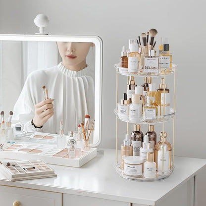 Delamu 3 Tier Rotating Makeup Organizer for Vanity, Skincare Organizer for Bathroom Counter, Spinning Perfume Organizer Cosmetic Holder with Large Capacity, Clear