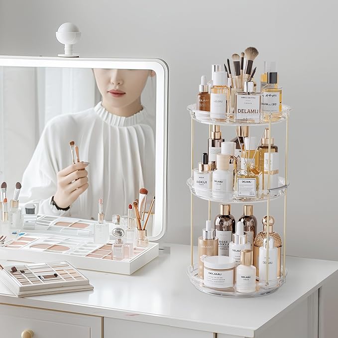 Delamu 3 Tier Rotating Makeup Organizer for Vanity, Bathroom Counter Organizer with Stackable Design, Spinning Skincare Organizer for Bathroom Countertop, Perfume Cosmetic Storage, Clear