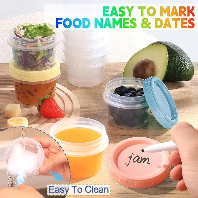 Yomarket 6pcs 4 oz Plastic Containers with Screw Lids, Reusable 1/2 Cup Small Food Storage Containers, Leakproof, Microwave Dishwasher Freezer Safe, with Pen and Brush