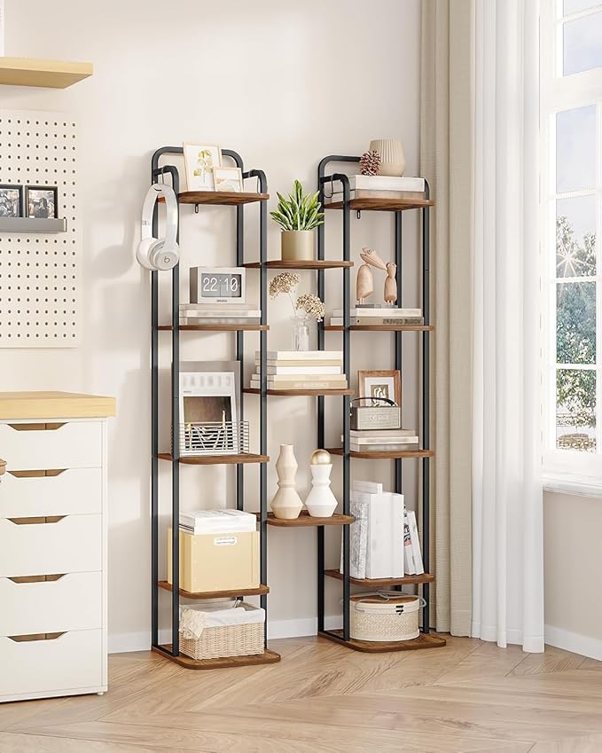 Hzuaneri 8 Tiers Vertical Shoe Rack, Narrow Shoe Tower, Tall Shoes Shelf with 2 Hooks, Adjustable Shelves, Corner Shoes Shelves for Small Spaces, Entryway, Living Room, Rustic Brown SR04301B