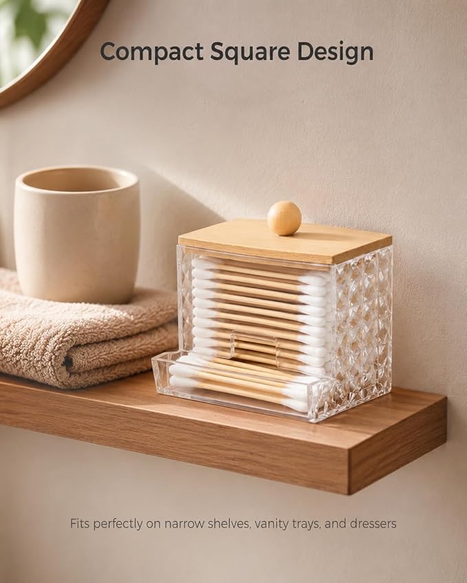 Diamond Pattern Cotton Swab Holder with Bamboo Lid - Clear Bathroom Vanity Organizer, Shatterproof U-Slot Swab Dispenser, Apothecary Jar for Cotton Swabs & Countertop Storage