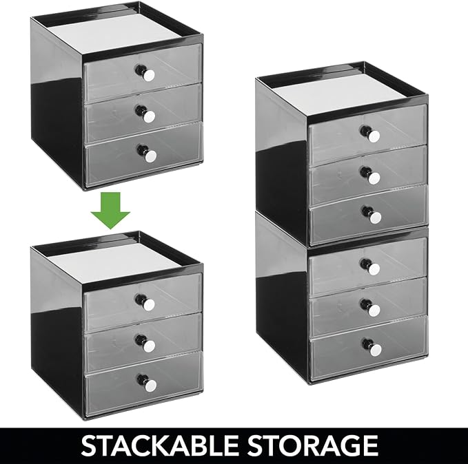 mDesign Makeup Organizer Storage Station Cube with 3 Drawers for Bathroom Vanity, Cabinet, Countertops - Holds Lip Gloss, Eyeshadow Palettes, Brushes, Blush, Mascara - Black/Clear