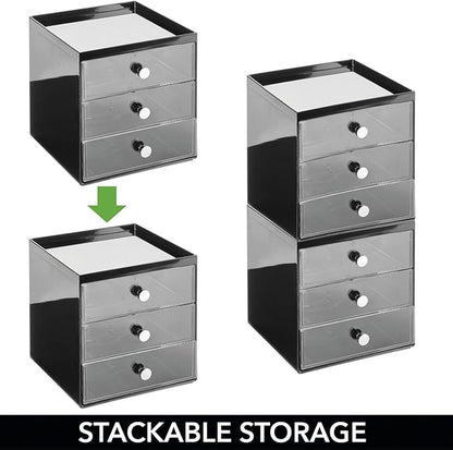 mDesign Makeup Organizer Storage Station Cube with 3 Drawers for Bathroom Vanity, Cabinet, Countertops - Holds Lip Gloss, Eyeshadow Palettes, Brushes, Blush, Mascara - Black/Clear