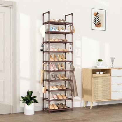 VTRIN 10 Tiers Tall Shoe Rack Holds 20-25 Pairs of Shoes Sturdy Vertical Shoe Organizer with 18pcs Hooks Stackable Narrow Shoe Rack for Closet, Entryway Brown