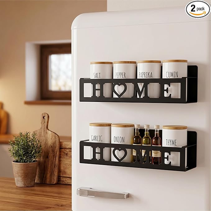 Beeveer 2 Pack Home Magnetic Spice Rack for Refrigerator Metal Magnet Basket Shelf for Fridge Seasoning Storage Organizers Home Decor Kitchen Accessories(Black)