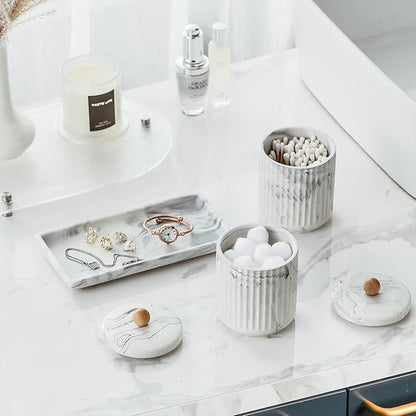 Marble Small Bathroom Jar Set ，Ceramic Cotton Swabs Holder with Lid and Dresser Organizer Set Tray for Storage and Organizing in Bathroom, Dresser, Kitchen, Office