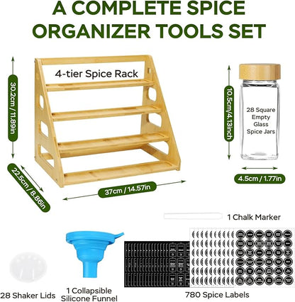 4 Tier Bamboo Spice Rack Organizer with 28 Spice Jars, 780 Labels, Wood Shelf, Chalk Marker and Funnel Set for Cabinet Kitchen Countertop, Empty 4 oz Glass Jars