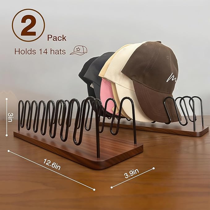 UdoUto Hat Organizer -2 PacK | Wood & Metal Hat Rack Holds 14 Caps | Space-Saving Closet Shelf Organizer for Bedroom, Dresser, Entryway