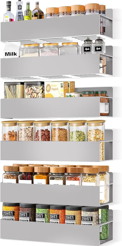SMRCAD Magnetic Spice Rack Organizer for Fridge Seasoning Organizer for Kitchen storage with Screw Magnetic Shelf with Hook for Refrigerator and Oven (6pack-Grey)