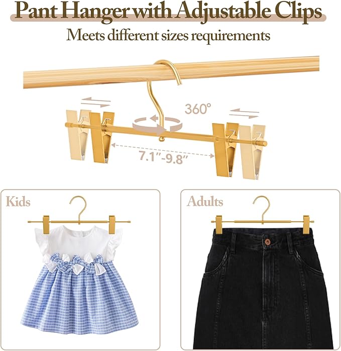 Matte Gold Aluminum Pants Hangers 10 Pack, Lightweight Skirt Hangers with 360°Swivel Hooks and Non-Slip Adjustable Clips for Trousers, Skirts, Jeans, Kids & Adults, Durable, Space-Saving