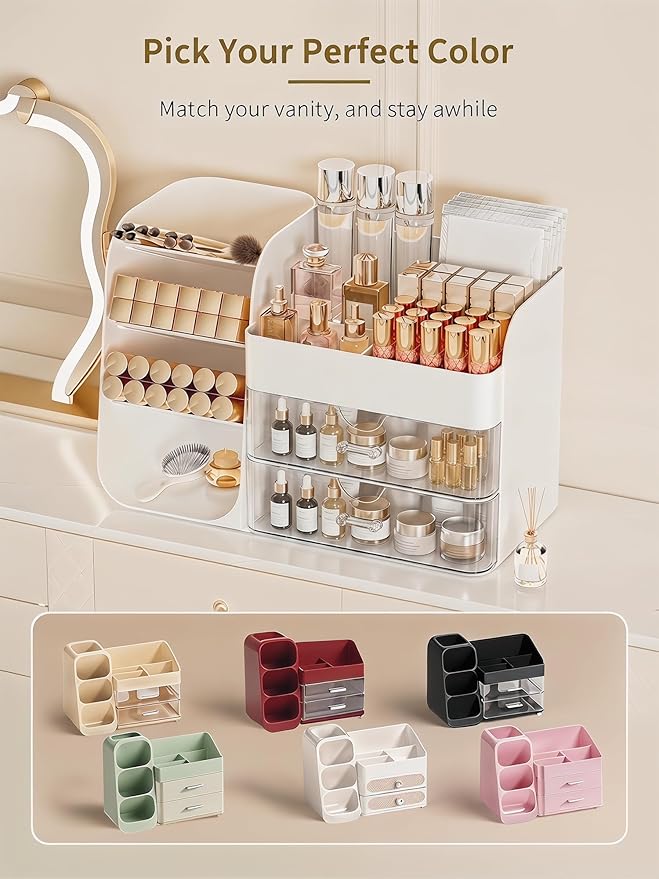 Booklov Makeup Organizer for Vanity, Countertop Cosmetic Display Case with Clear Acrylic Drawers, Bathroom Counter Beauty Caddy, Cute Table Storage Holder for Skincare, Brush Lipsticks, Crystal White