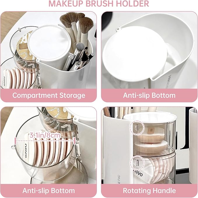 Clear Hair Accessories Organizer & Hair Brush Holder, Rotatable Makeup Brush Holder and Jewelry Storage Box for Hair Clips, Earrings, Necklaces, Rings and Bracelets (Pink, 3-Layer)