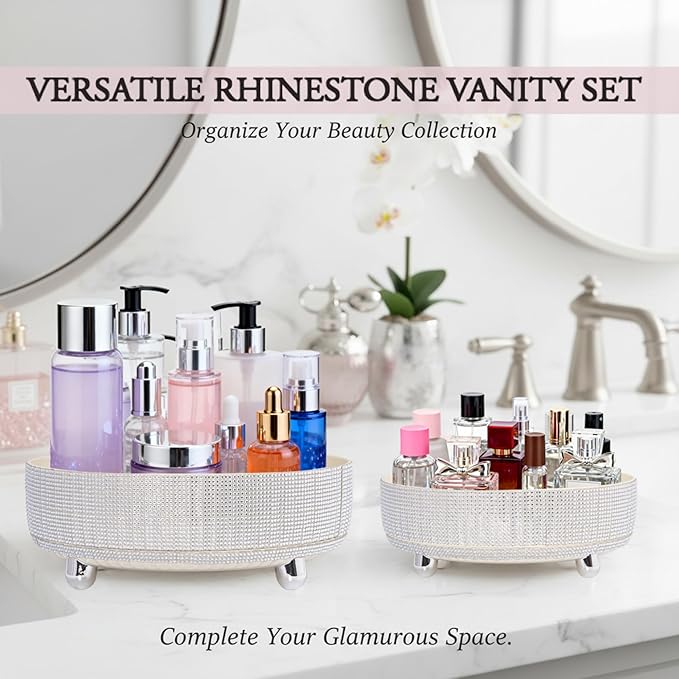 Rotating Bling Perfume Makeup Organizer, Rhinestone Cosmetic Display Cases with 2-Piece Set, 360° Spinning Bathroom Organizers for Countertop, Vanity Table | White