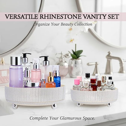 Rotating Bling Perfume Makeup Organizer, Rhinestone Cosmetic Display Cases with 2-Piece Set, 360° Spinning Bathroom Organizers for Countertop, Vanity Table | White