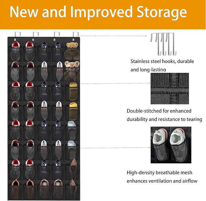 40 Large Pocket Over the Door Shoe Organizer,Shoe Rack for Door with Breathable Mesh & Reinforced Hooks,Multi-Purpose Organizer for Shoes,Perfect for Bedroom, Entryway,Dorm, Apartment and Small Spaces