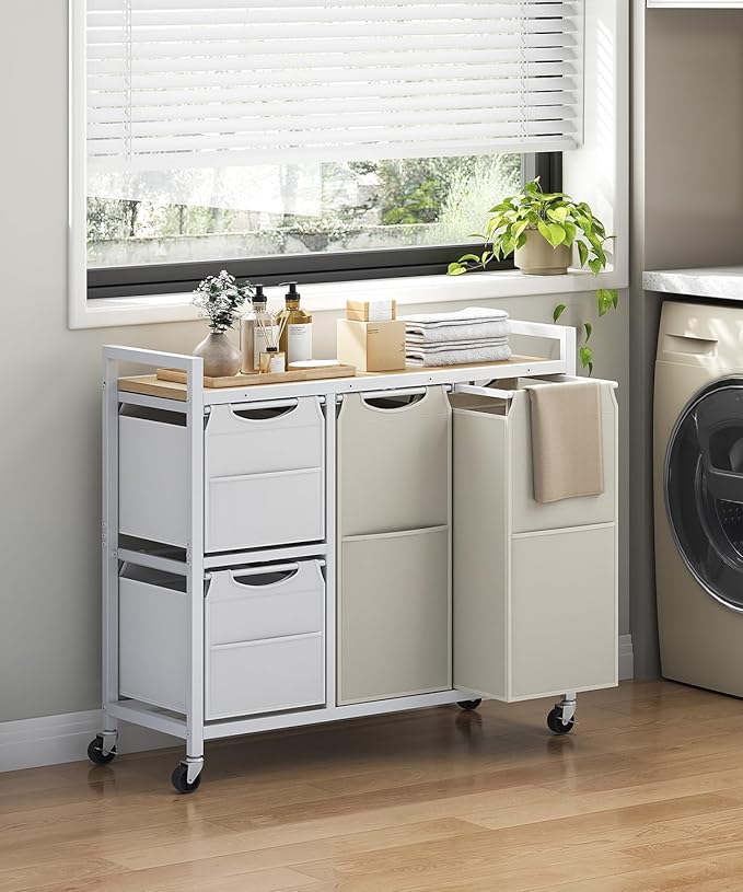 HOOBRO Laundry Sorter with 4 Section, 34 Gal. (127 L) Laundry Hamper with Wheels, Rolling Laundry Basket with Shelves, Pull-Out Detachable Bags, Side Pockets, White, Natural and Beige WNE14XY01N1