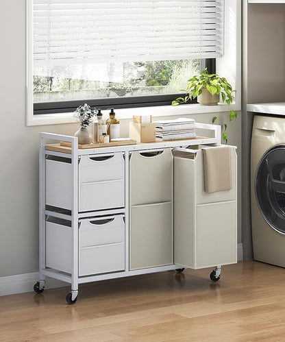 HOOBRO Laundry Sorter with 4 Section, 34 Gal. (127 L) Laundry Hamper with Wheels, Rolling Laundry Basket with Shelves, Pull-Out Detachable Bags, Side Pockets, White, Natural and Beige WNE14XY01N1