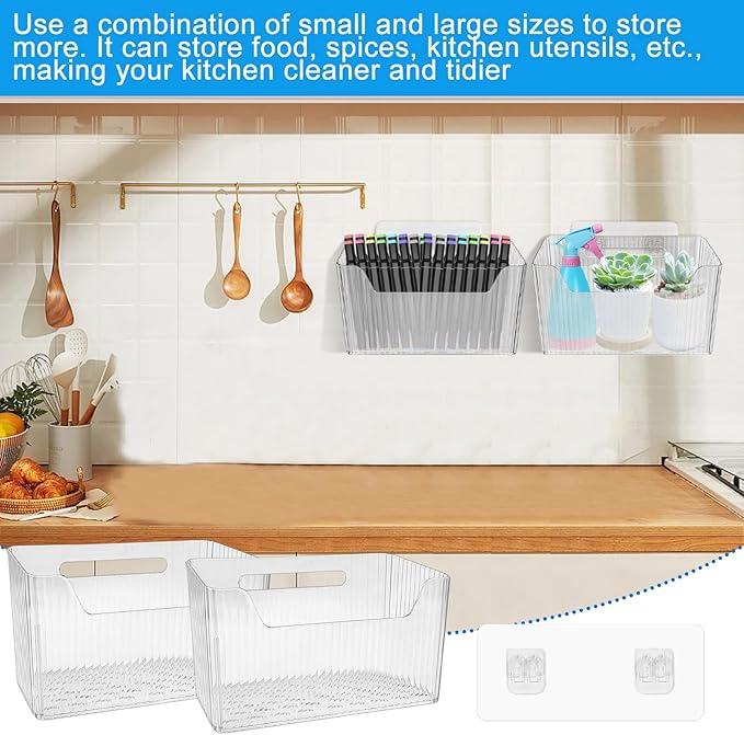 6Pcs Storage Organizer Bins Wall Mounted Organizer Basket Large Size Clear Plastic Makeup Organizer Adhesive Hanging Bin for Bathroom Kitchen Pantry
