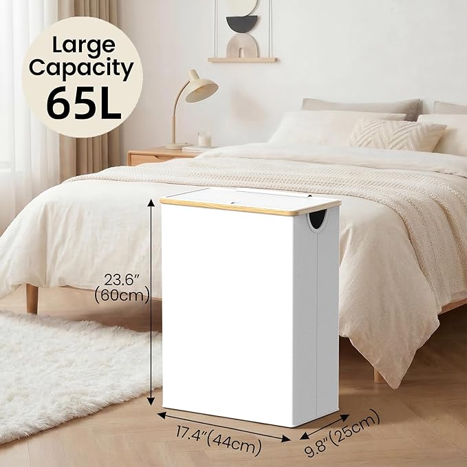 efluky Slim Laundry Basket with Lid, Narrow Laundry Hamper with Removable Bag, Skinny Dirty Clothes Basket with Bamboo Handles for Bathroom, Bedroom & Laundry Room, 65L White