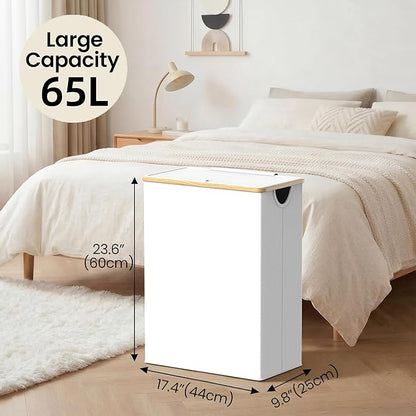 efluky Slim Laundry Basket with Lid, Narrow Laundry Hamper with Removable Bag, Skinny Dirty Clothes Basket with Bamboo Handles for Bathroom, Bedroom & Laundry Room, 65L White