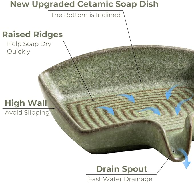 Self Draining Soap Dish, Ceramic Drain Soap Holder Waterfall Design Soap Saver for Shower, Bathroom, Sink, Kitchen and Countertop, Keeps Dry, Green