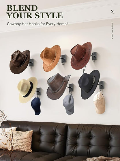 Cinati Cowboy Hat Rack for Wall 4 Pack, Cowboy Hat Holder Wall Mount, Western Rustic Metal Hats Hanger Hooks Organizer for Fedora,Sun Hats,Wide Brim, Extra Hooks for Baseball Caps,Western Room Decor