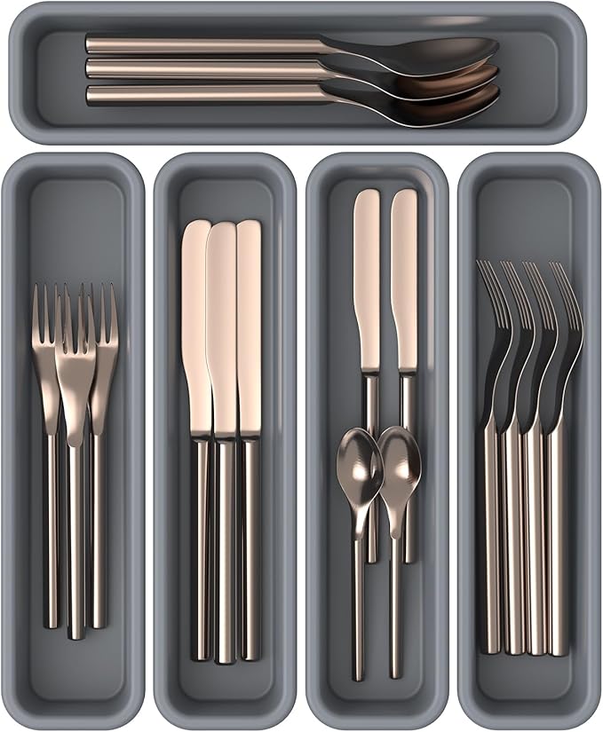 5 Pack Silicone Drawer Organizer for Kitchen, DIY Free Combination Silverware Organizer, Utensil Drawer Organizer, Moisture-proof and Heat-resistant up to 200°C, Anti-slip Design (Grey)