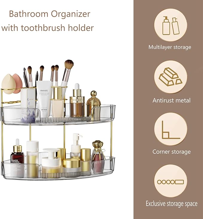 FELIZHOUSE 2-Tier Makeup Organizer for Vanity & Bathroom Countertop – Acrylic Storage Shelf with Perfume Tray & Makeup Brush Holder, Tool-Free Installation, Design for Bathroom & Dresser - Grey