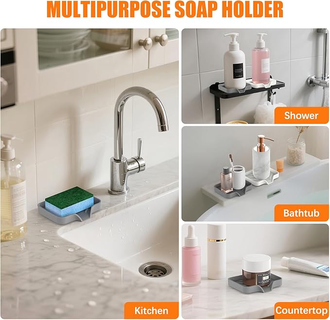 Silicone Soap Dish for Shower with Self Draining, 2 Pack Soap Holder for Bathroom, Silicone Sponge Holder for Kitchen Sink, Soap Tray for Dispenser, Scrubber, Bottle, 4.7"×3.9", Gray