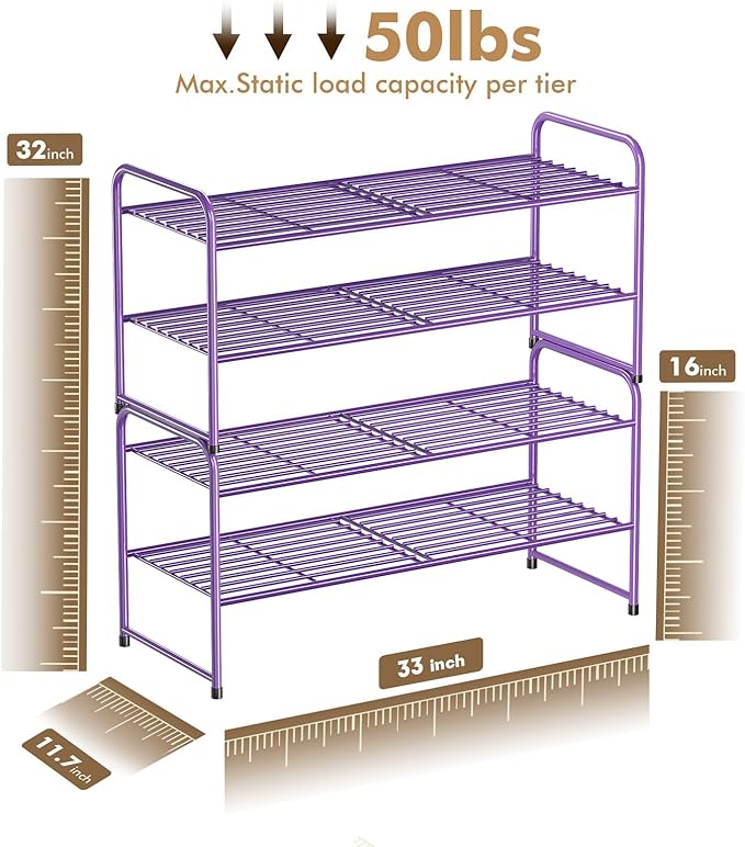 SUFAUY 2-Tier 33" Wide Shoe Rack Closet Metal Wire, Stackable, Purple