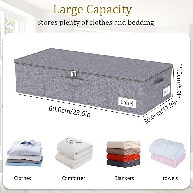 Yawinhe Underbed Bags, Storage Containers Bags with Lid, Foldable Blanket Bins, with Sturdy Zipper und Label Holders, for Clothing, 23.6''Lx11.8''Wx6''H, 2 Pack, Grey