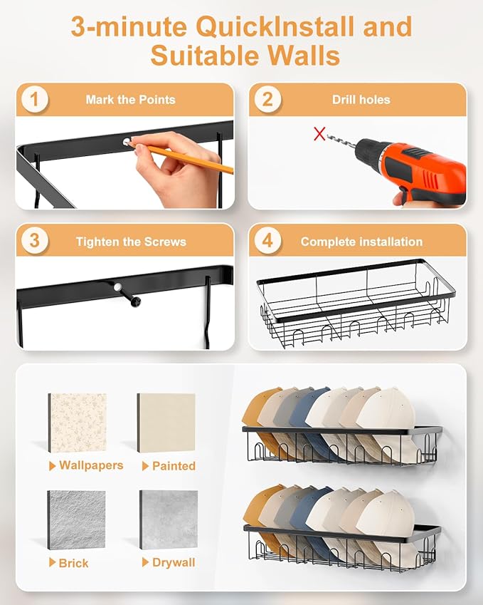 Hat Rack for Wall, 2 Pack Large Hat Organizer with More Hooks, Holds 56 Caps, Metal Wall Mounted Hat Holder for Baseball Caps, Closet Bedroom Kitchen Bathroom, Black
