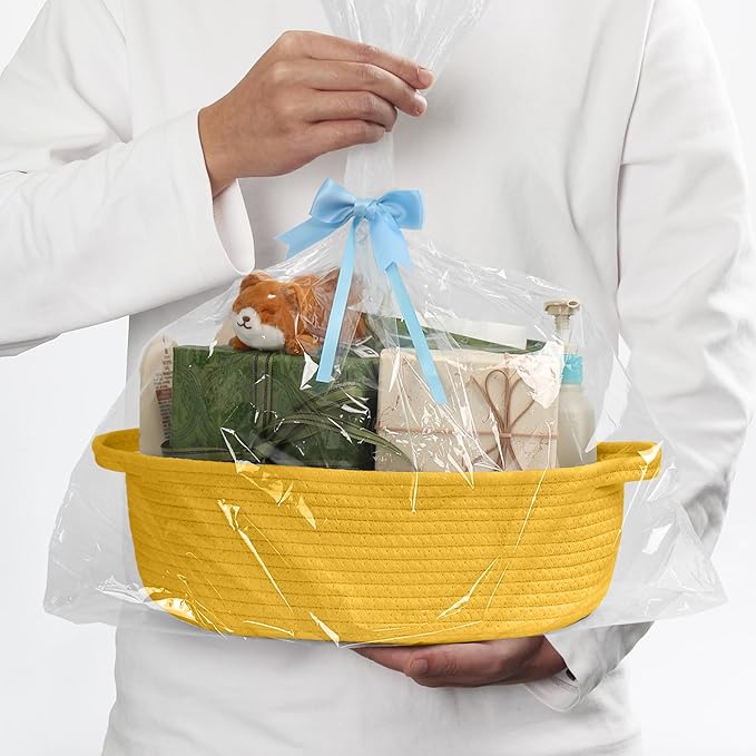 MEGASKET Yellow Woven Basket, 13" x 9" x 5" Baskets for Gifts Empty, Cute Cotton Rope Cat Dog Toy Bin Box, Small Woven Bin for Organizing, Yellow Room Decor, Nursery Cloth Diaper Storage Organizer