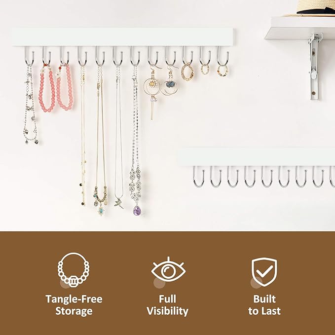 ZEDODIER 2 Pack Necklace Organizer Wall Mount, Wooden Jewelry Hanger Necklace Holder with 24 Hooks,Hanging Jewelry Organizer, White